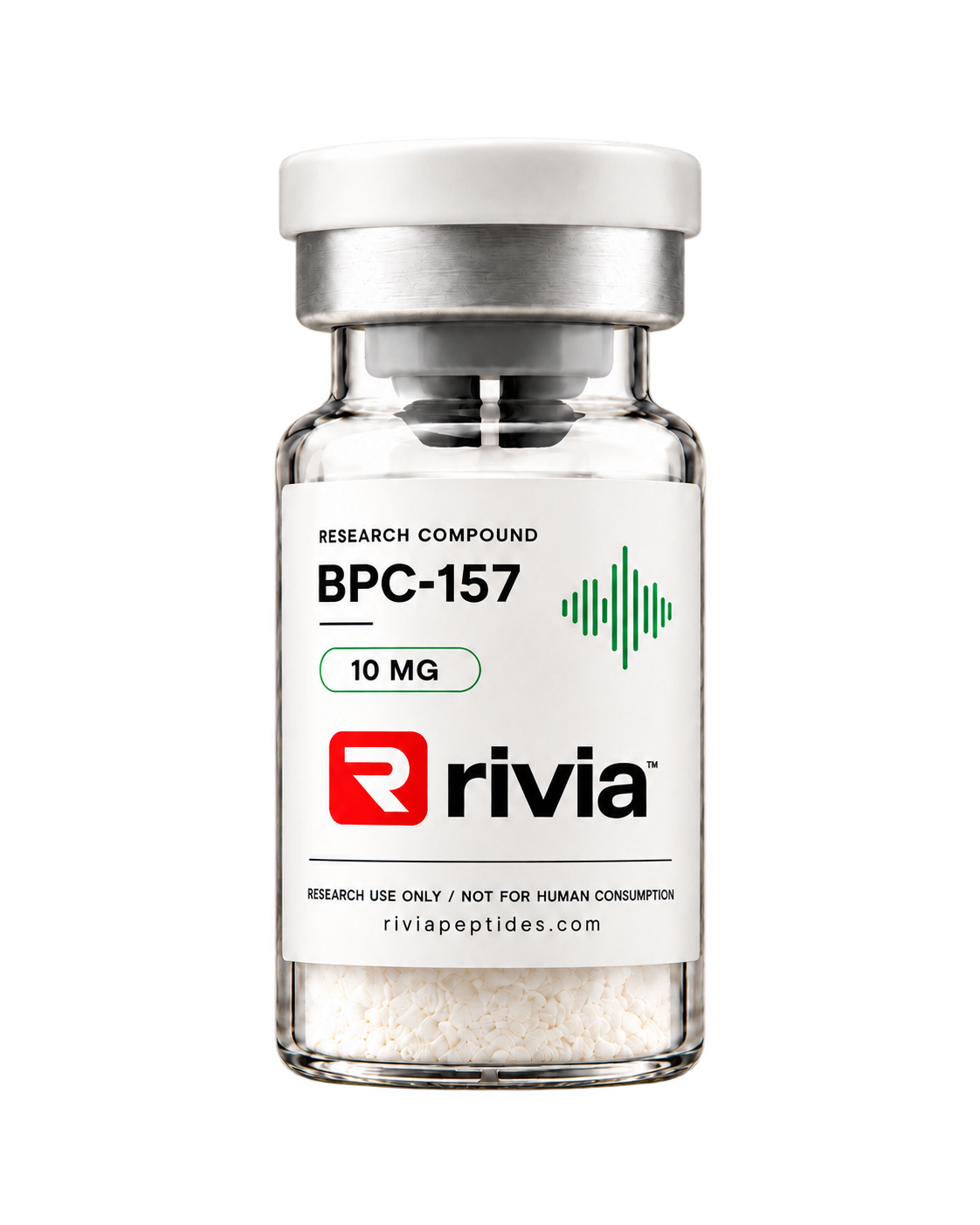 Rivia BPC-157 research vial with white lid, red logo and green waveform in a clean white studio